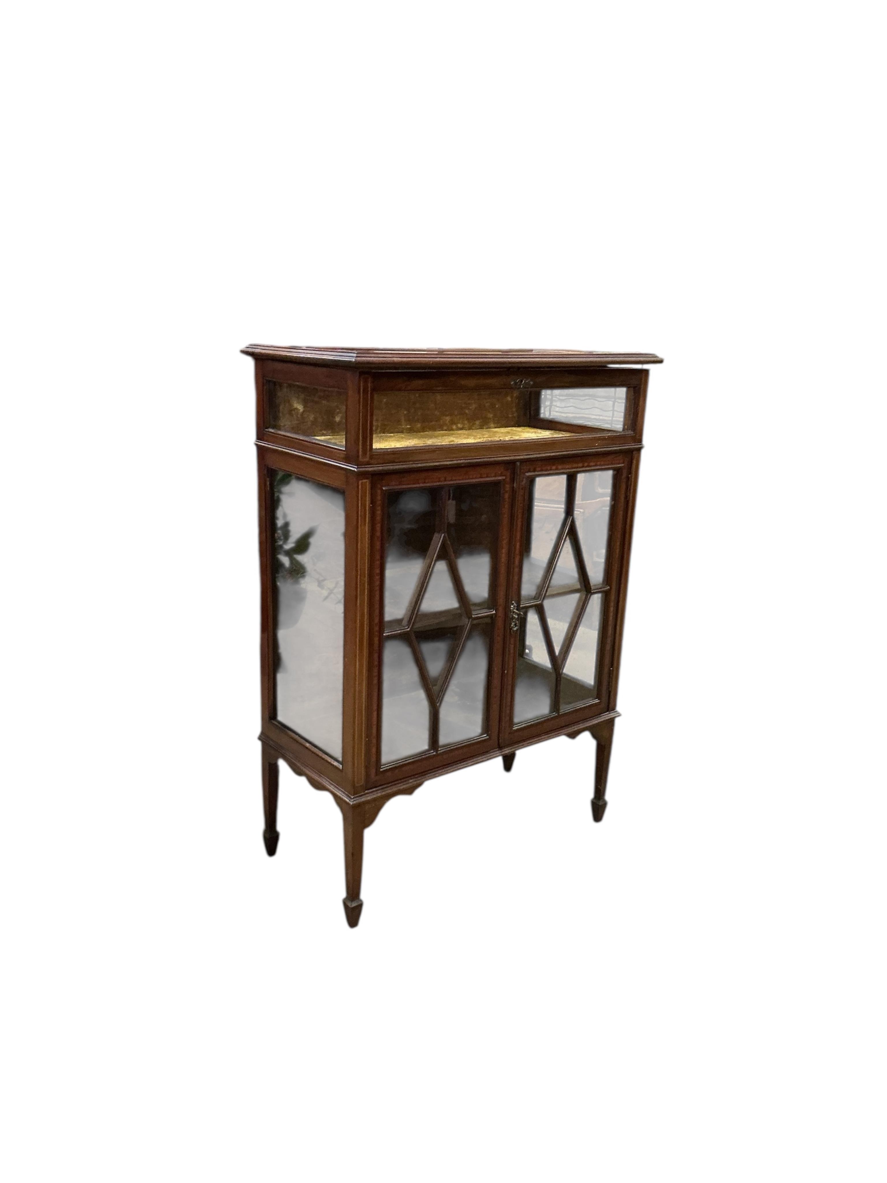 An Edwardian satinwood banded mahogany bijouterie cabinet, width 76cm, depth 38cm, height 107cm